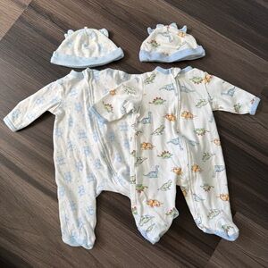 2 Pack Little Me Bear & Dinosaur Print Footies with Blue Trim